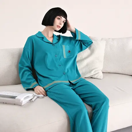 婷美纯棉睡衣女秋冬天长袖开衫翻领简约休闲春秋季家居服纯色套装图片