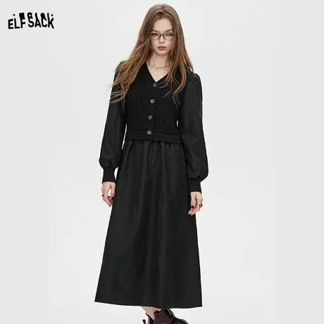 妖精的口袋假两件v领连衣裙女2025年秋季新款黑色收腰显瘦长裙子图片