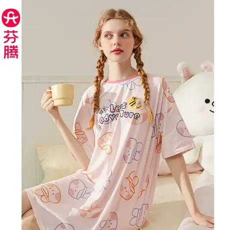 芬腾布朗熊睡裙女纯棉短袖睡衣裙夏季薄款卡通可爱甜美全棉家居服图片