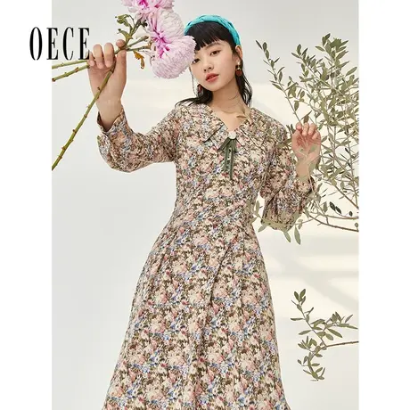 oece春秋女显白法式油画碎花翻领长袖连衣裙图片