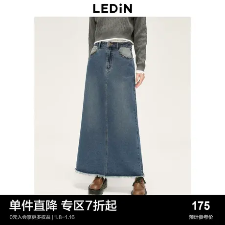 乐町水洗牛仔长裙女秋冬新款后片开叉显瘦铆钉装饰A字半身裙图片