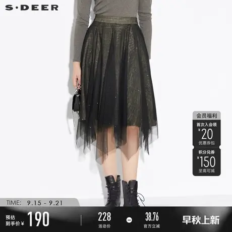 sdeer圣迪奥女装秋装英伦格纹网纱拼接不规则长裙女S21381123图片