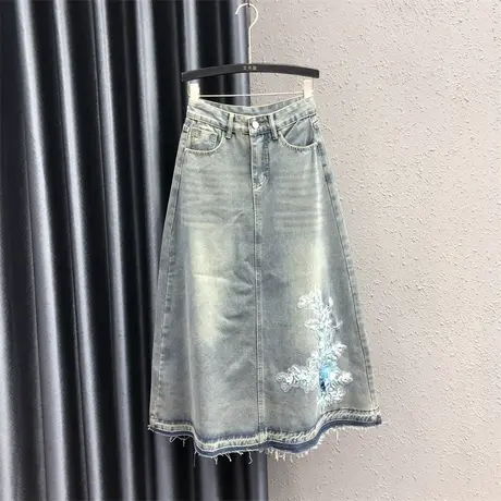 欧货磨白牛仔大摆裙女春季新款大码高腰显瘦半身裙绣花中长a字裙图片