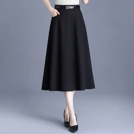 黑色显瘦半身裙女春季2024新款高腰气质通勤a字裙中长款垂感伞裙图片