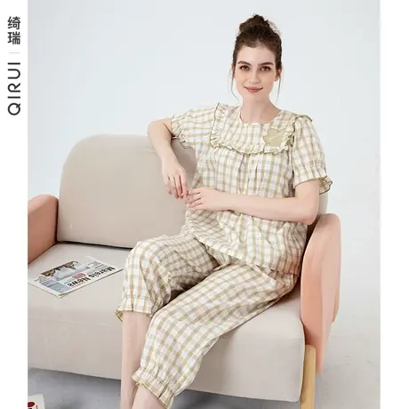 绮瑞女夏薄款睡衣可爱公主短袖七分裤套装格子梭织棉家居服女夏款图片