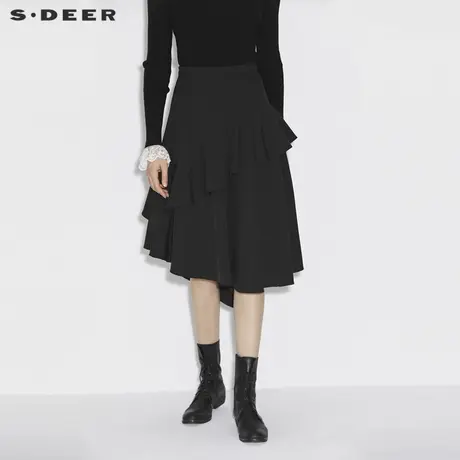 sdeer圣迪奥女装春秋装复古休闲荷叶边拼接不规则长裙S21381117图片