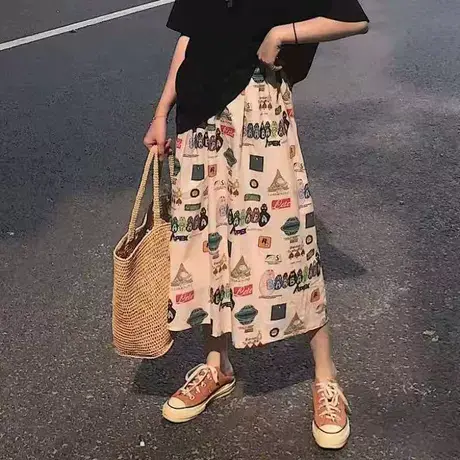 a字半身裙女夏季薄款高腰宽松韩版洋气小个子中长款包臀百褶裙女图片