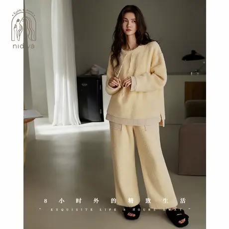 妮狄娅睡衣女冬保暖半边绒简约纯色套头款休闲外穿秋冬家居服套装图片