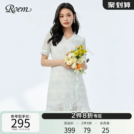 Roem碎花高腰商场同款春夏新品法式V领荷叶边设计甜美短袖连衣裙图片