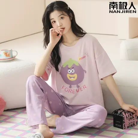 睡衣女夏款夏季纯棉女士夏天女款短袖长裤笑脸茄套装家居服春秋款图片
