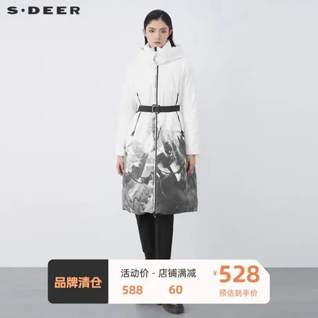 sdeer圣迪奥女装高领连帽字母印花收腰长款羽绒服S21482454图片
