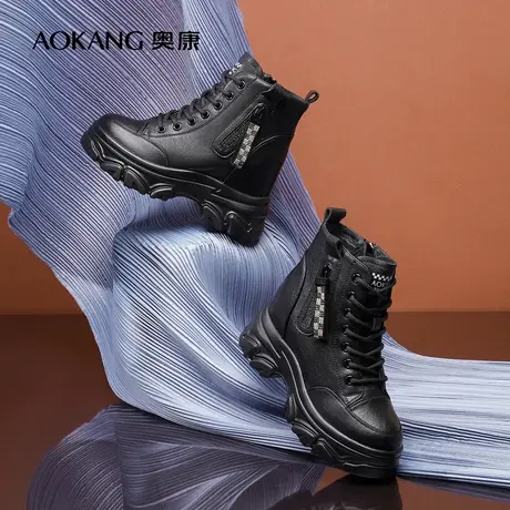 【门店发货】奥康女鞋2022冬季新款休闲短靴加绒保暖内增高工装鞋图片