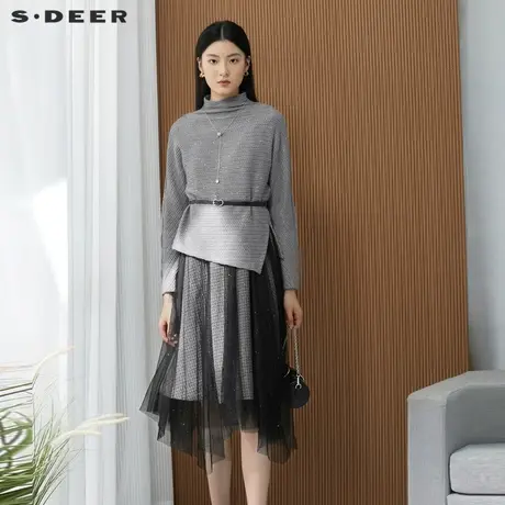 sdeer圣迪奥秋冬女装收腰格纹网纱针织长袖连衣裙套装S224Z1413图片