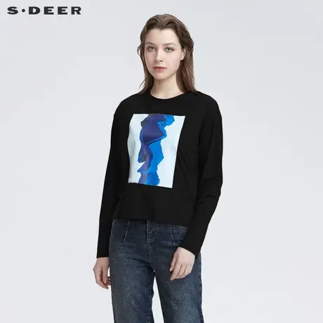 sdeer圣迪奥秋装休闲圆领撞色印花黑色长袖卫衣S22180213图片