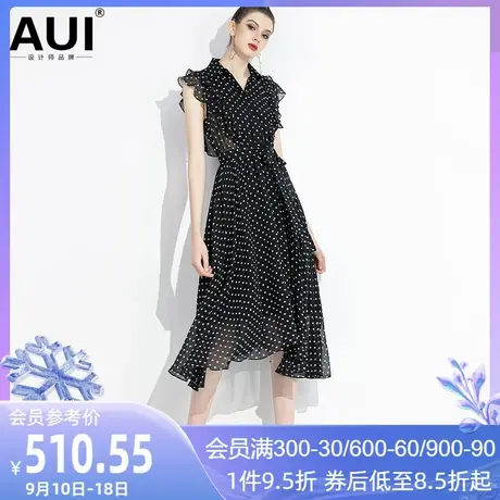 2023新款女装气质v领不规则裙黑色波点雪纺法式荷叶边连衣裙女夏图片