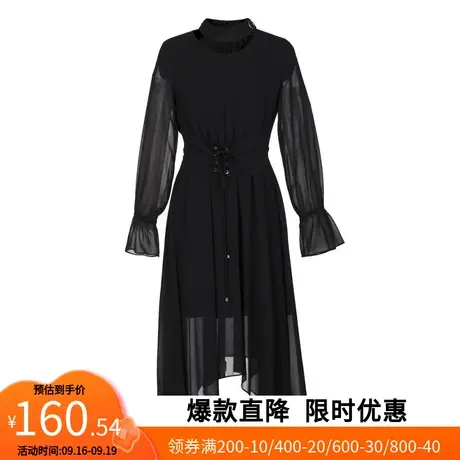 【艾格】高腰连衣裙2023春季新款简约显瘦收腰喇叭袖雪纺女生裙子图片