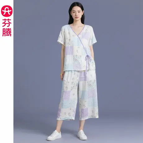芬腾女士睡衣夏季新款短袖七分裤套装女款休闲大码薄款透气家居服图片