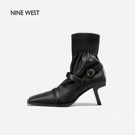 Nine West/玖熙方头时装靴女2023秋冬新款套筒回旋跟中靴弹力短靴图片