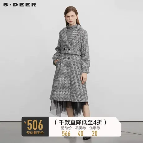 sdeer圣迪奥冬装女装西装领收腰格纹长款毛呢大衣S223Z2508图片