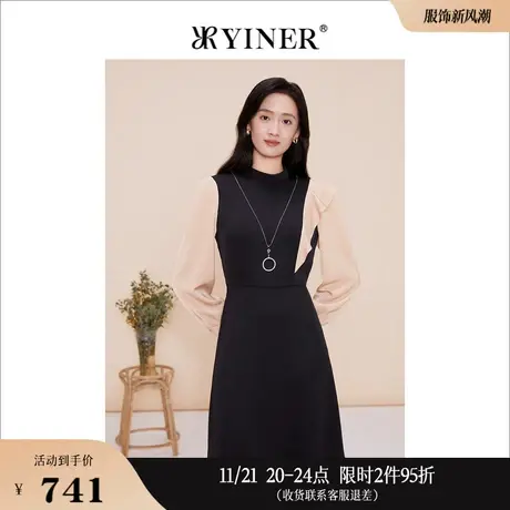 YINER音儿专选春季撞色设计感长袖修身收腰连衣裙图片