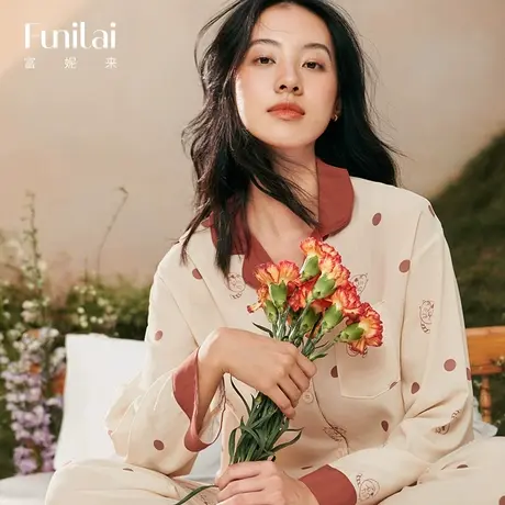 富妮来女士睡衣舒适小翻领薄套装透气宽松可爱猫咪印花长袖两件套商品大图