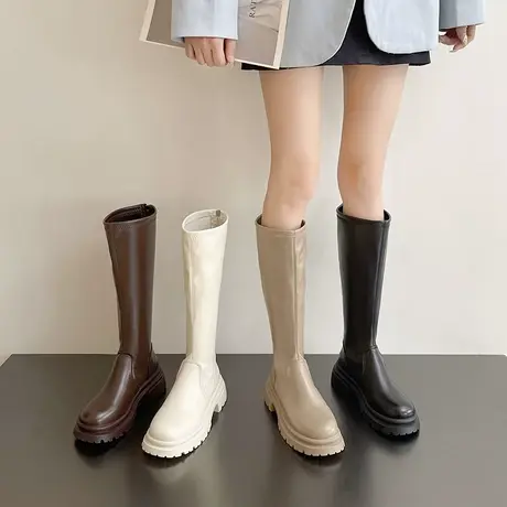 长筒靴女2023年新款秋季高筒瘦瘦靴粗跟时尚复古ins配裙子骑士靴商品大图