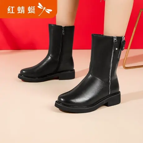 红蜻蜓女靴2021年秋冬季中筒靴粗跟中跟真皮女棉鞋保暖加绒棉靴子商品大图