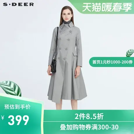 sdeer圣迪奥女装设计感翻领双排扣收腰通勤长款春秋风衣S20381805图片