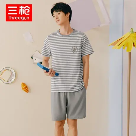 三枪家居服男2023春夏纯棉彩条纹圆领短袖短裤宽松透气睡衣裤套装商品大图