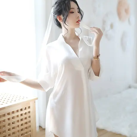 白色女士情调高级感女款衬衣男友风衬衫纯欲套装性感睡衣冰丝睡裙图片