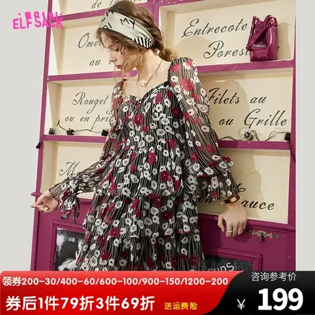 妖精的口袋法式方领碎花长袖连衣裙女2023春季新款宽松气质蛋糕裙图片