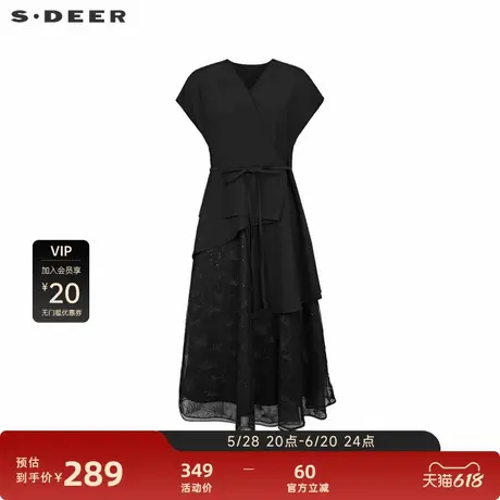 sdeer圣迪奥女装V领收腰网纱印花短袖连衣裙S242Z1201图片