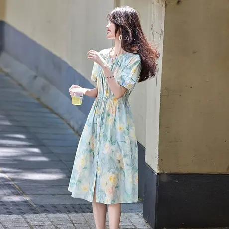 时尚温柔油画风连衣裙2025年夏季新款女收腰显瘦圆领晕染甜美长裙图片