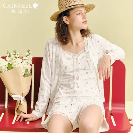 歌瑞尔可外穿法式蕾丝复古碎花薄款棉质性感吊带睡衣女家居服套装图片