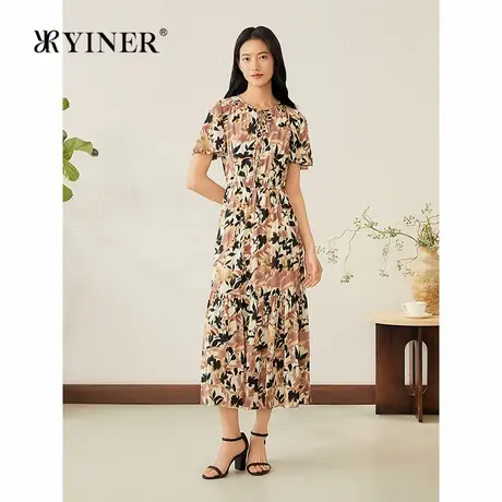 【蚕丝系列】YINER音儿专选2025夏季新款弹力斜纹绸印花连衣裙图片