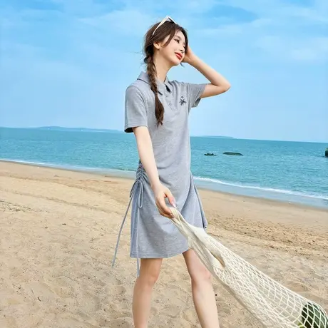 唐狮夏季连衣裙女新款短袖Polo领裙子女抽绳设计感小众显瘦气质r1图片