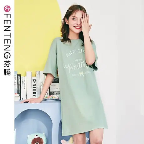 芬腾夏季短袖睡裙女纯棉宽松睡衣可爱薄款大码新疆棉家居服连衣裙图片