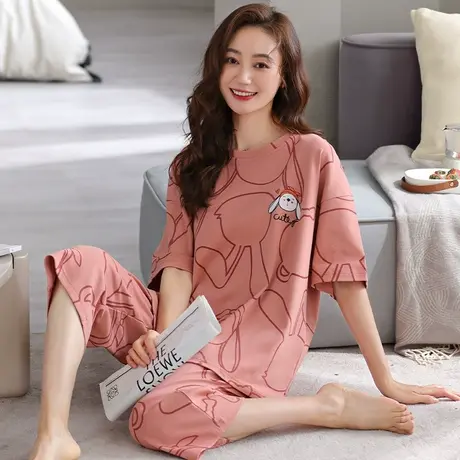 婷美夏季睡衣女士纯棉薄款短袖七分裤套头休闲可外穿家居服两件套图片