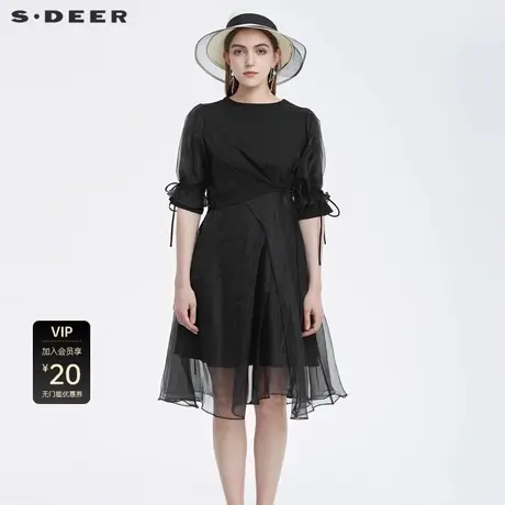 sdeer圣迪奥女装时尚圆领收腰网纱拼接短袖连衣裙S22281262图片