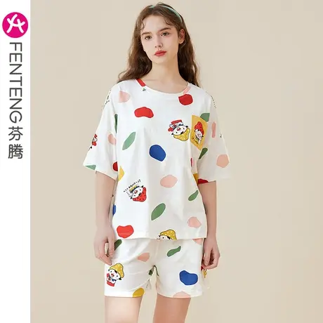 芬腾短袖睡衣女夏可爱套头纯棉薄款带胸垫大码全棉少女家居服套装图片