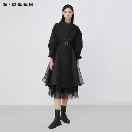 sdeer圣迪奥春装西装领双排扣收腰网纱拼接风衣S21381807图片