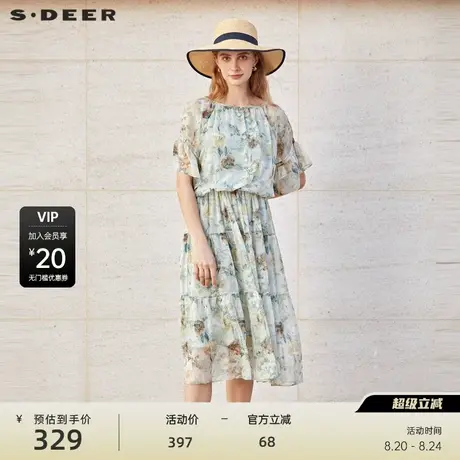 S·DEER圣迪奥女装清新系带圆领露肩印花连衣裙S232Z12BD图片