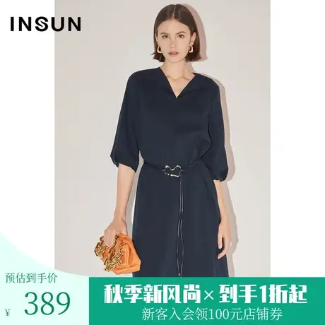 [即刻出行]恩裳COVER春秋纯棉V领定制腰带A摆泡泡袖连衣裙图片