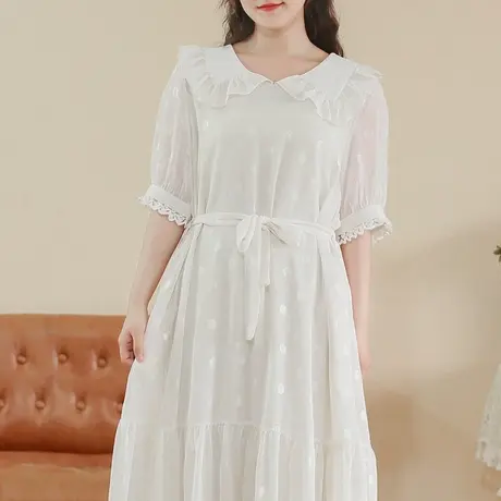 胖妹妹夏季2023新品雪纺印花连衣裙 大码复古娃娃领短袖连衣裙图片