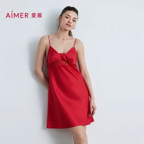 爱慕25秋冬好事将近睡衣女红色细肩带吊带睡裙AM42B601图片