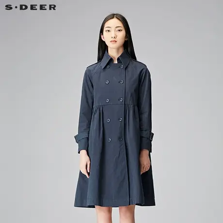 sdeer圣迪奥2019秋翻领双排扣高腰长款A字风衣外套女装S18181808图片