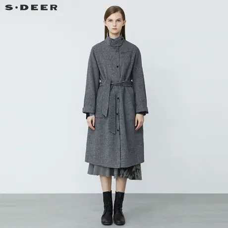 sdeer圣迪奥2021冬装新款立领撞色字母收腰格纹毛呢大衣S21461823图片