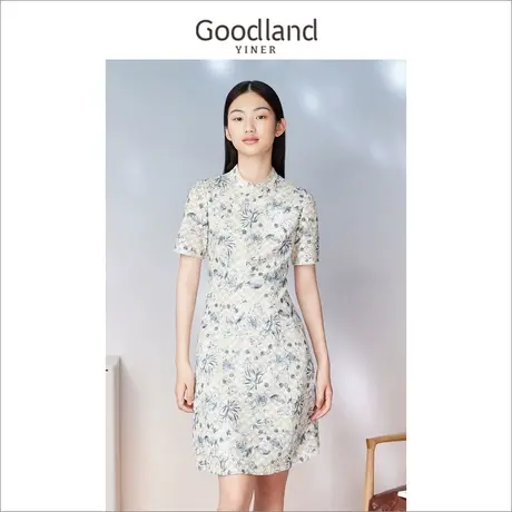 Goodland美地女装2023夏季新中式立领钉珠盘扣旗袍连衣裙图片