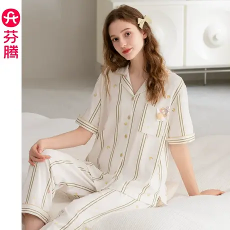 芬腾睡衣女夏季纯棉短袖开衫套装可爱休闲薄款大码女款全棉家居服图片
