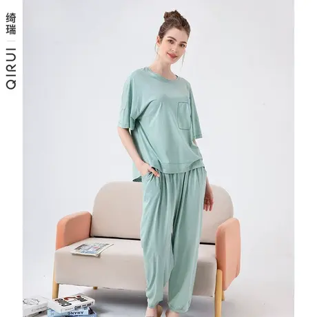 绮瑞莫代尔棉家居服女士夏季半袖长裤大码套装简约素雅睡衣女春秋图片